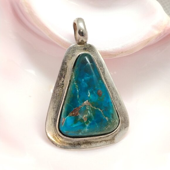 None Jewelry - Stunning 950 Silver Blue Green Matrix Turquoise Pendant Triangle Shaped